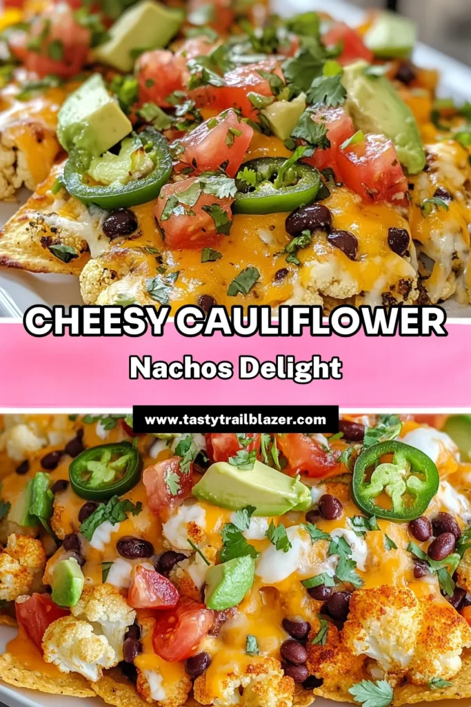 Indulge in the ultimate comfort food with these cheesy cauliflower nachos! This cauliflower nachos recipe is a delicious and healthy alternative for your snack cravings. Perfect for vegetarian nachos lovers, these low-carb nachos are loaded with flavor and fun toppings like black beans, cheese, and fresh avocado. Ready in just 40 minutes, this low-carb snack recipe is a must-try! Save this recipe for your next get-together! #HealthyNachos #VegetarianNachos #LowCarbSnack #CauliflowerNachosRecipe