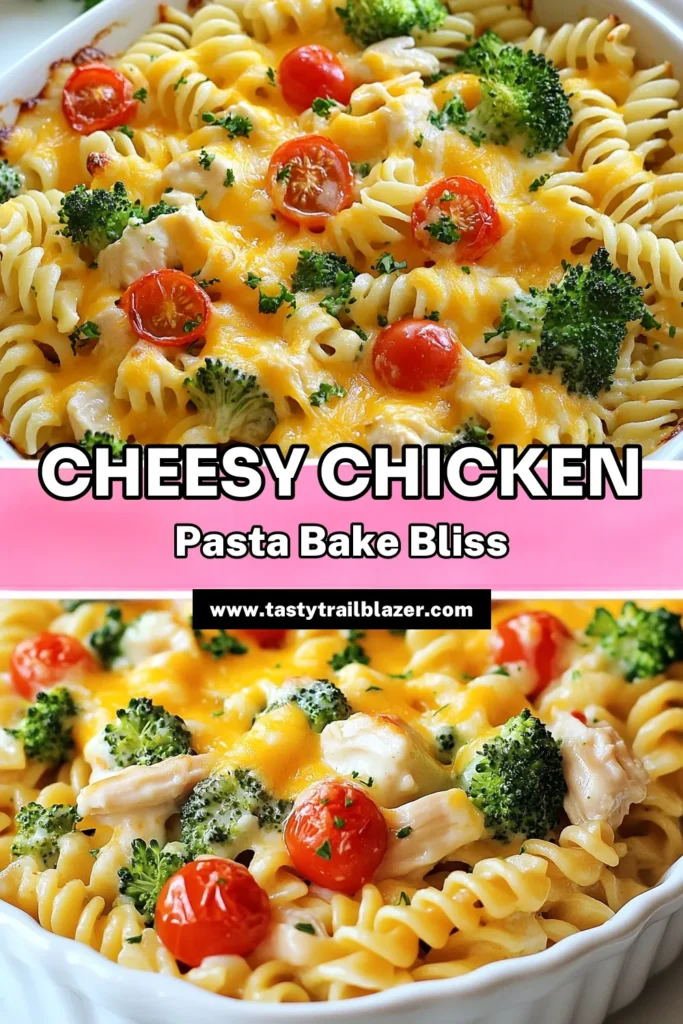 Indulge in this delicious Cheesy Chicken Pasta Bake that's perfect for dinner! This creamy chicken pasta recipe combines rotini, tender chicken, and fresh broccoli for an easy baked pasta dish the whole family will love. Ready in just 45 minutes, this cheesy pasta casserole is a must-try. Don't forget to save this recipe for your next meal! #CheesyChickenPastaBake #EasyBakedPastaDish #ChickenAndBroccoliPastaBake #CheesyPastaCasserole