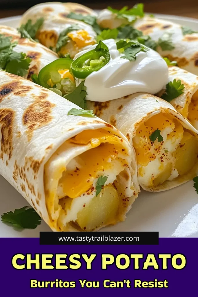 Discover the ultimate comfort food with these Cheesy Potato Burritos! This easy burrito recipe is perfect for vegetarian meal lovers, featuring loaded potato goodness and melted cheddar cheese. Homemade burritos have never been easier—just follow our simple steps for a delicious meal in under 30 minutes. Perfect for busy weeknights, these loaded potato burritos promise to please everyone at the table! Try them today! #CheesyPotatoBurritos #EasyBurritoRecipe #VegetarianBurritos #HomemadeBurritosRecipe
