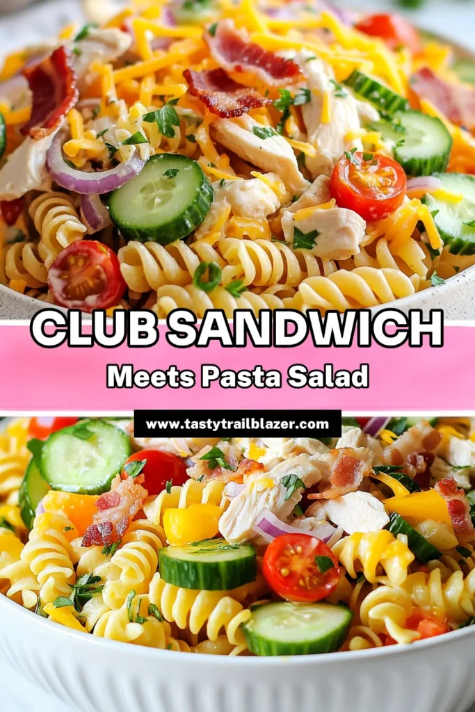 Discover the delicious Club Sandwich Pasta Salad, a perfect blend of flavors that makes it the ultimate cold pasta salad with chicken. This easy pasta salad features rotini pasta, tender chicken, fresh veggies, and a creamy dressing. Perfect for potlucks and summer gatherings! Try this simple pasta salad recipe today and impress your family and friends. Save the recipe and elevate your next meal! #PastaSaladRecipe #ClubSandwichPastaSalad #RotiniPastaSalad #ColdPastaSaladwithChicken