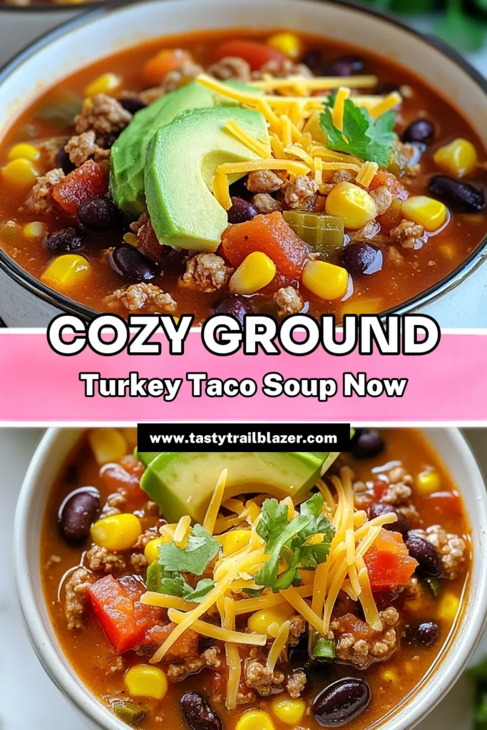 Whip up this delicious ground turkey taco soup for a satisfying and easy taco soup recipe that's perfect for a quick weeknight dinner! Packed with healthy turkey and wholesome ingredients, this one-pot taco soup is not only easy to make but also a family favorite. In just 35 minutes, you can serve a nourishing meal that everyone will love. Save this recipe for a tasty treat tonight! #GroundTurkeyTacoSoup #EasyTacoSoupRecipe #HealthyTurkeySoup #OnePotTacoSoup