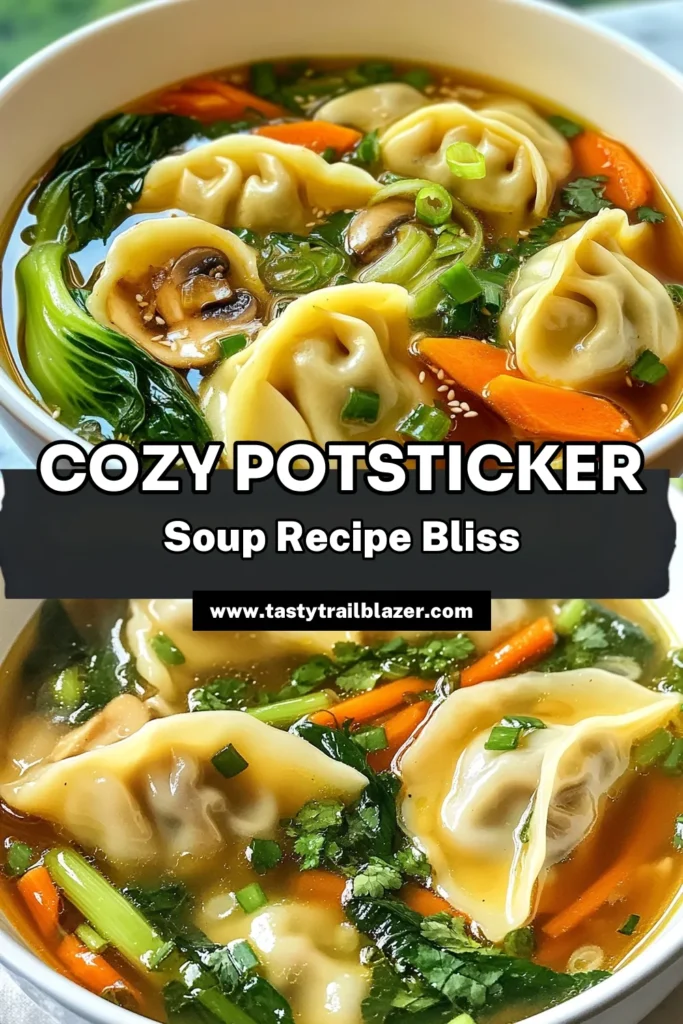 Discover the warmth and comfort of this easy potsticker soup recipe, perfect for a cozy meal. This homemade potsticker soup combines frozen potstickers with rich chicken broth or a vegetarian option, ensuring delicious flavor in every bowl. Enjoy the wholesome goodness of bok choy, mushrooms, and carrots in this quick dish. Save this chicken broth potsticker soup for your next dinner! #PotstickerSoup #EasyRecipes #SoupLovers #HomemadeGoodness