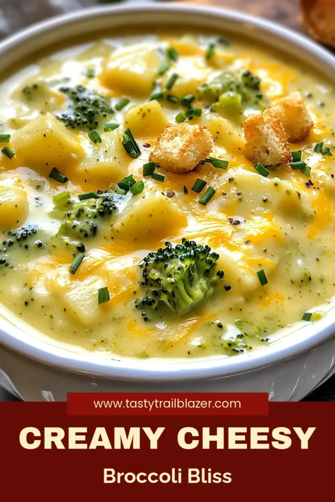 Indulge in this creamy broccoli cheese soup that's perfect for a cozy meal! This potato cheese soup recipe is a quick and easy broccoli soup made with fresh broccoli, tender potatoes, and rich cheddar cheese. Using flavorful vegetable broth soup, this dish is comforting and nutritious. Perfect for any night! Save this delicious recipe and enjoy a hearty bowl soon! #BroccoliCheeseSoup #PotatoCheeseSoup #EasyBroccoliSoup #CheddarCheeseSoup