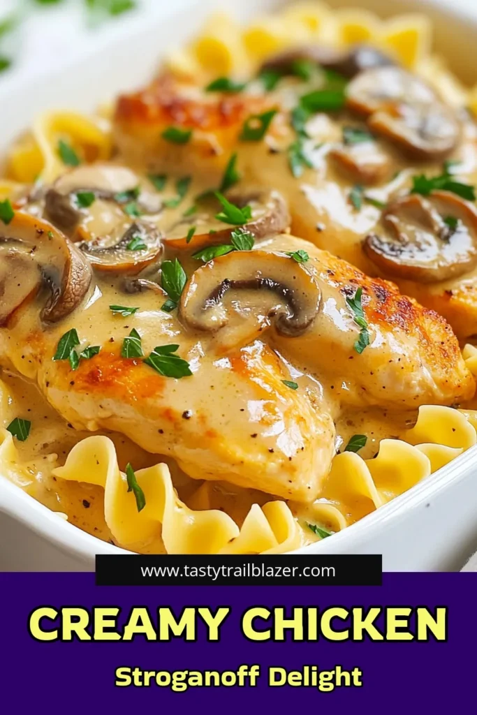 Discover the ultimate comfort food with this creamy Baked Chicken Stroganoff recipe! Packed with flavor, it features delicious chicken breasts, tender mushrooms, and a wholesome twist using Greek yogurt. This easy chicken stroganoff is perfect for busy weeknights and pairs beautifully with egg noodles. Try this creamy chicken stroganoff today and impress your family at dinner! Save this recipe and bring warmth to your table! #EasyChickenStroganoff #BakedChickenRecipe #MushroomChickenStroganoff #CreamyChickenStroganoff