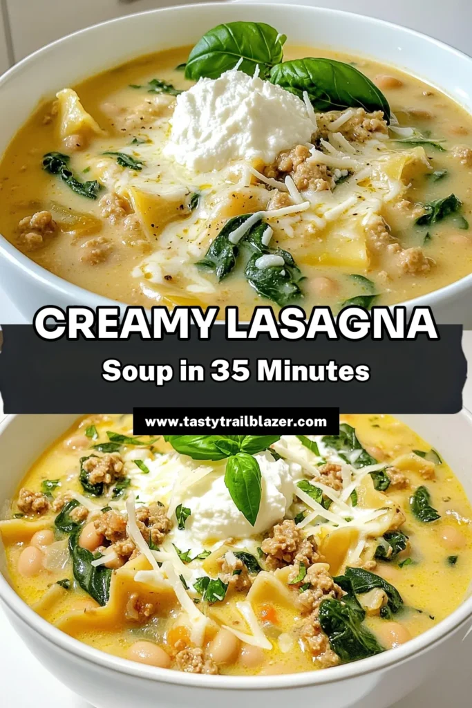 Warm up with a delicious bowl of creamy white lasagna soup! This comforting dish combines savory ground chicken, cannelini beans, fresh spinach, and layers of creamy flavors that will delight your taste buds. Perfect for chilly nights, it's quick to make and serves six. Ready to savor this delightful recipe? Click through to discover how to make this hearty soup that’s sure to impress! #LasagnaSoup #ComfortFood #RecipeInspiration #CookingAtHome
