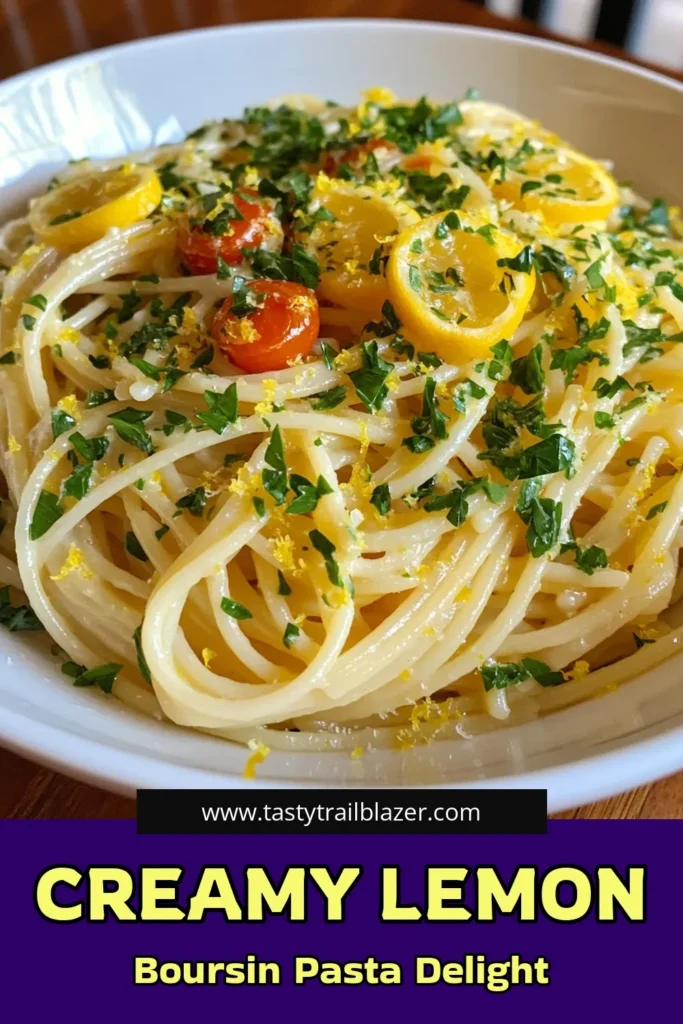 Discover the deliciousness of Lemon Boursin Pasta, a creamy garlic herb pasta that elevates your dinner game. This easy pasta recipe combines spaghetti with Boursin cheese, heavy cream, and a zesty touch of lemon, making it perfect for gourmet pasta dishes at home. Ready in just 30 minutes, it’s a must-try! Save this recipe for a delightful weeknight meal. #PastaRecipes #GourmetCooking #Boursin #EasyDinnerIdeas