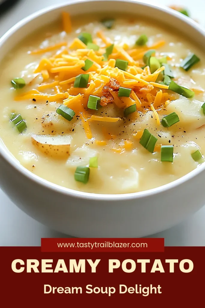 Indulge in this creamy potato soup that everyone will love! Our loaded potato soup recipe combines tender russet potatoes, savory garlic, and rich cheddar cheese for a hearty vegetarian potato soup. This easy creamy soup recipe is perfect for chilly evenings. Ready in just 45 minutes, it's a comforting dish your family will crave. Pin this loaded potato soup recipe now and savor the deliciousness! #potatosoup #creamyrecipes #comfortfood #vegetariansoup