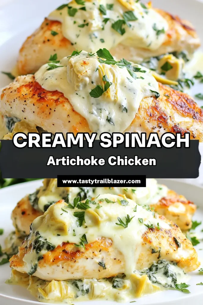 Indulge in this creamy spinach artichoke chicken, a delightful cheesy chicken dish that's perfect for an easy chicken dinner recipe. This spinach artichoke chicken recipe combines tender chicken breasts with a rich cream cheese mixture, making dinner a breeze. Ready in just 40 minutes, it's a comforting meal everyone will love. Try this baked chicken with cream cheese tonight! Save & share for later! #SpinachArtichokeChicken #EasyChickenDinner #CheesyChickenDish #BakedChicken