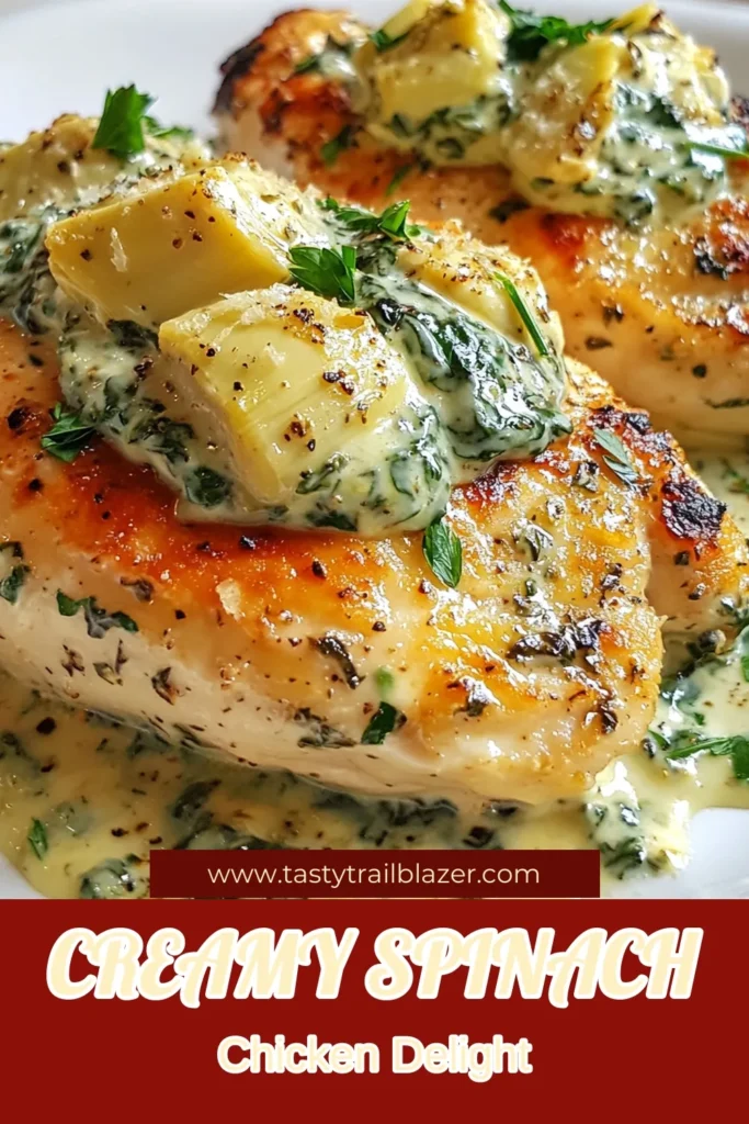 Discover the deliciousness of creamy spinach artichoke chicken! This easy dinner recipe with chicken features tender chicken breasts topped with a rich, creamy sauce made from spinach and artichokes. Perfect for busy weeknights, this baked chicken with creamy sauce is not just quick but also a crowd-pleaser. Try this artichoke chicken breast recipe tonight and enjoy a flavorful meal. Save this pin for your next dinner idea! #ChickenRecipes #SpinachArtichoke #EasyDinners #BakedChicken