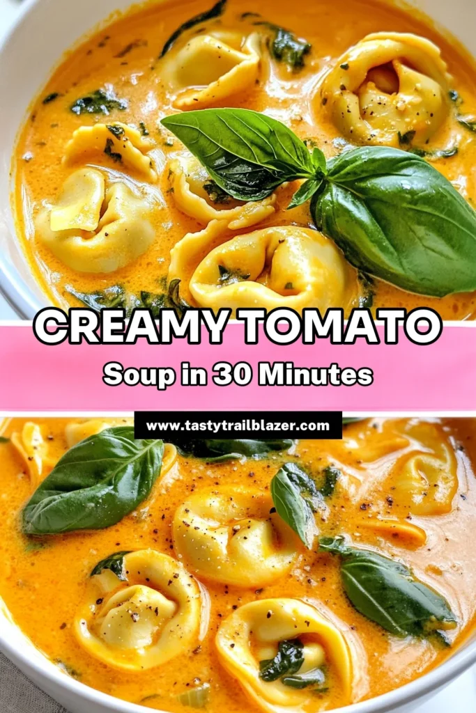 Warm up with this delightful Creamy Tomato Tortellini Soup, perfect for a cozy meal! This easy tortellini soup recipe combines rich flavors and a creamy texture, making it a go-to for those chilly evenings. Packed with spinach, it’s a delicious vegetarian tomato soup that your whole family will love. Try this one pot tortellini recipe today and let the homemade tomato soup with spinach elevate your dining experience. Save this recipe for later! #SoupRecipes #Tortellini #VegetarianCooking #ComfortFood