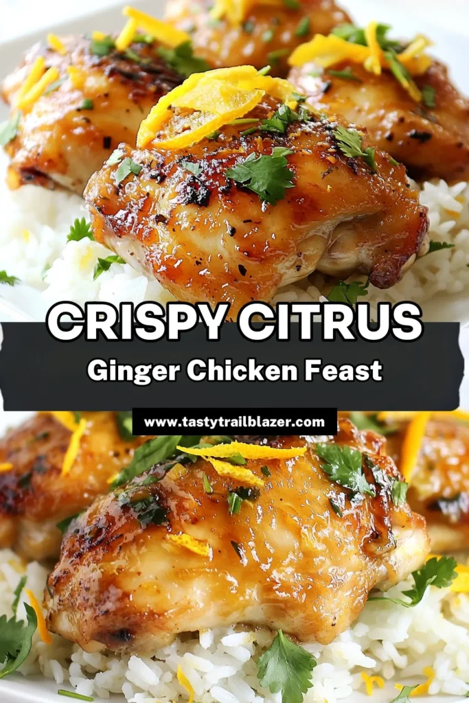 Looking for an easy chicken dinner idea? Try this Savory Citrus Ginger Chicken recipe featuring juicy chicken thighs paired with aromatic jasmine rice with citrus. This Ginger Garlic Chicken recipe is not only packed with flavor but also simple to prepare, making it perfect for busy weeknights. Discover how to create this delightful dish and elevate your meals. Save this Chicken Thighs Recipe for later! #ChickenThighs #EasyDinner #CitrusRecipes #GingerGarlicChicken