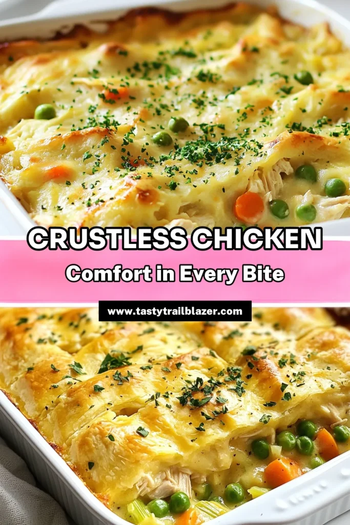 Indulge in this delicious Crustless Chicken Pot Pie, a simple and easy chicken pot pie recipe that's perfect for weeknight dinners. This healthy chicken dinner recipe is loaded with veggies and can be made dairy-free by using coconut cream. Enjoy a comforting food chicken dish that everyone will love. Try this recipe now and experience the warmth of home cooking! Save for later! #CrustlessChickenPotPie #HealthyDinner #ComfortFood #EasyRecipes