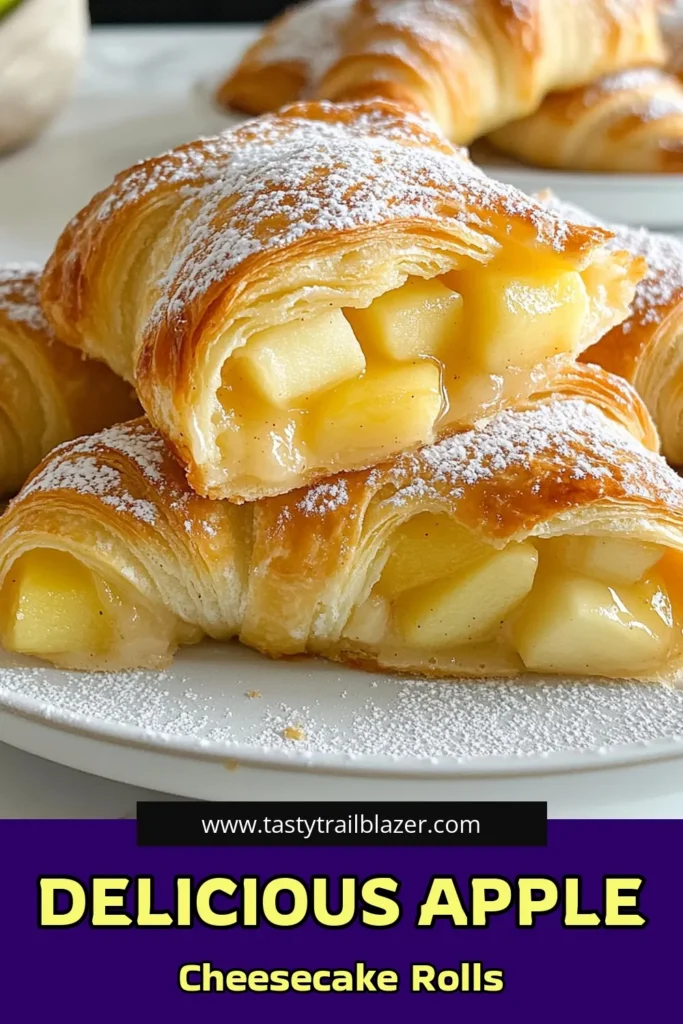 Enjoy a deliciously easy dessert with these apple cheesecake crescents! This cream cheese apple recipe combines flaky crescent roll dough with cinnamon apple pastries for a delightful treat. Perfect for any occasion, these baked crescent rolls with apples are a hit with family and friends. Ready in just 30 minutes, it's an irresistible easy crescent roll dessert you’ll want to save. Try it today! #AppleCheesecakeCrescents #CinnamonApplePastries #EasyDesserts #BakedCrescentRolls