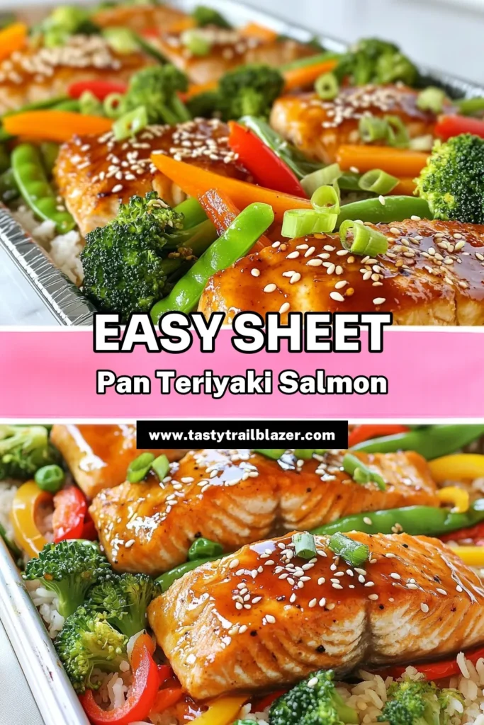 Discover a deliciously simple teriyaki salmon recipe with this Sheet Pan Teriyaki Salmon and Veggies. Perfect for quick weeknight meals, this healthy salmon recipe combines succulent salmon fillets marinated in low sodium teriyaki sauce, paired with vibrant veggies for a satisfying dinner. In just 30 minutes, you’ll have a complete meal your family will love. Save this recipe for your next healthy dinner! #teriyakisalmonrecipe #sheetpandinner #healthysalmonrecipes #quickweeknightmeals