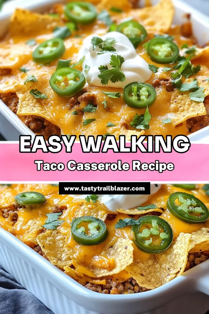 Discover the ultimate Walking Taco Casserole recipe that's perfect for any gathering! This easy taco casserole combines ground beef, black beans, and a cheesy layer of cheddar with crunchy tortilla chips for the perfect comfort food. Enjoy a delicious cheesy taco casserole that’s quick to prepare and sure to please everyone. Try this tortilla chip casserole today! Save this recipe for your next meal! #TacoCasserole #CheesyTacoCasserole #WalkingTacos #EasyDinnerIdeas