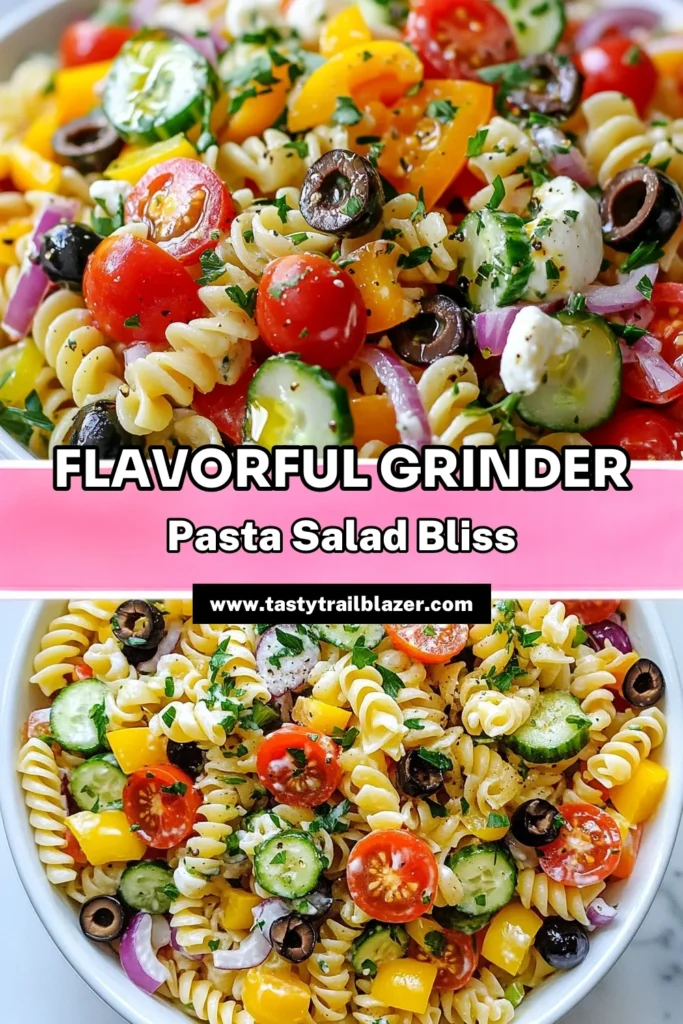 Discover a refreshing summer delight with this Grinder Pasta Salad recipe! This easy pasta salad combines vibrant vegetables and Italian cheeses, making it a perfect cold pasta salad with vegetables for picnics and gatherings. Enjoy this Italian pasta salad with cheese that is not only delicious but also quick to prepare. Try our summer pasta salad recipe today and impress your guests! Save this for later! #GrinderPastaSalad #EasyPastaSalad #SummerRecipes #ItalianSalad