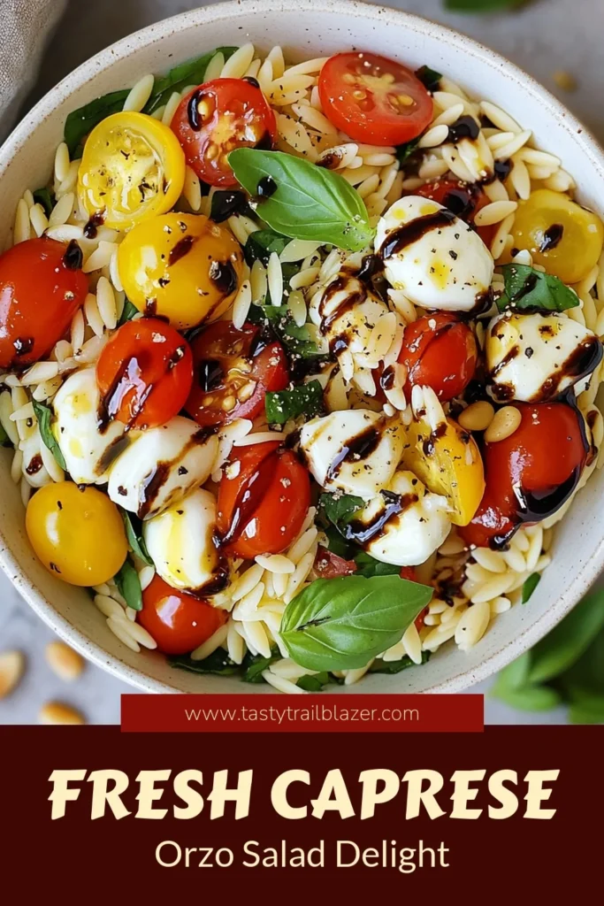 Looking for a refreshing dish? This Caprese orzo salad recipe combines orzo pasta, cherry tomatoes, and fresh mozzarella for an easy summer salad that’s perfect for picnics or BBQs. Enjoy vibrant flavors with minimal effort in this delicious cherry tomato salad recipe. It's not just a fresh mozzarella salad, it's a delightful side or main dish! Save this recipe for your next warm-weather gathering! #CapreseOrzo #EasySummerSalad #OrzoPastaSalad #CherryTomatoSalad