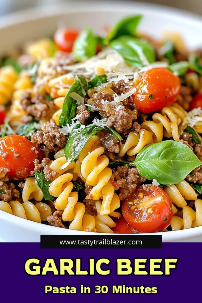 Discover a mouthwatering Garlic Beef Pasta Skillet that's perfect for busy weeknights! This easy garlic pasta dish combines savory ground beef with vibrant veggies for a one-pot beef pasta recipe that your family will love. In just 30 minutes, you can whip up this creamy garlic beef pasta that’s both satisfying and delicious. Save this skillet pasta with ground beef for your next dinner! #GarlicBeefPasta #OnePotPasta #EasyDinner #SkilletPasta