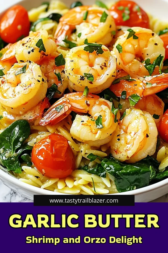 Discover the ultimate garlic butter shrimp recipe with this easy shrimp dinner featuring orzo pasta with shrimp! This lemon garlic shrimp orzo dish combines tender shrimp, vibrant cherry tomatoes, and spinach for a flavorful meal that's ready in just 30 minutes. Perfect for busy weeknights or special occasions, it’s a must-try shrimp and spinach recipe! Save this easy recipe for your next dinner. #ShrimpRecipes #OrzoPasta #EasyDinner #SeafoodLovers