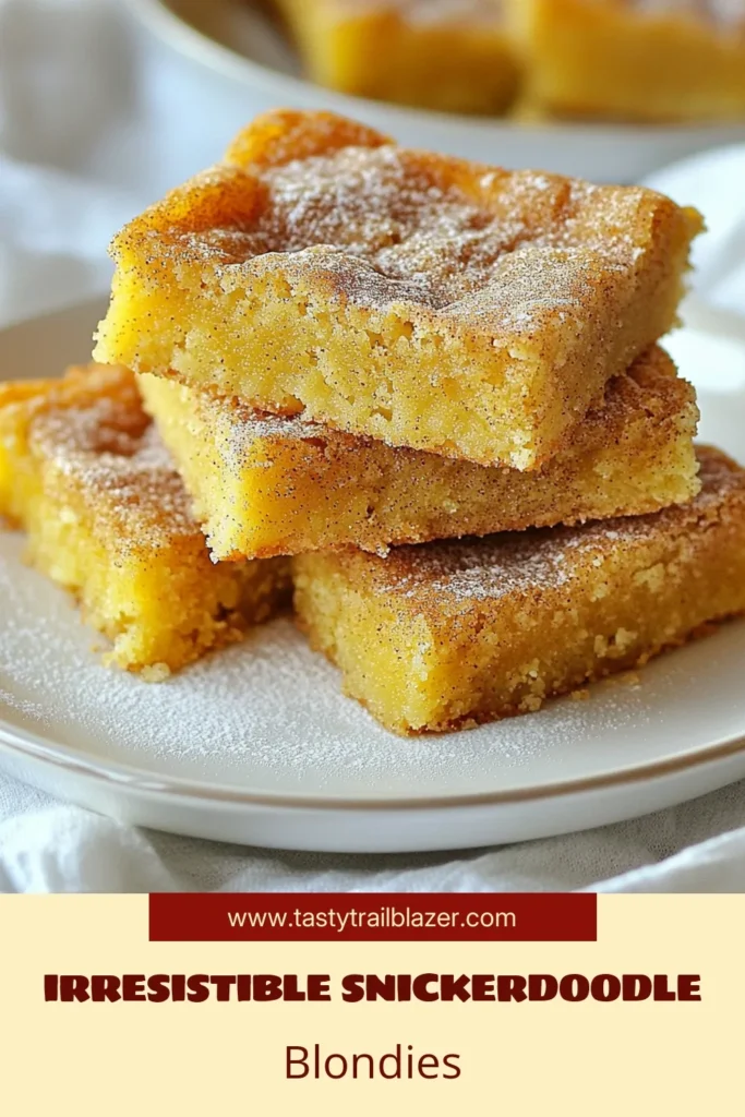 Indulge in the delightful flavors of snickerdoodle blondies with this easy blondie recipe! These chewy snickerdoodles are a cinnamon sugar dessert that everyone will love. Perfect for parties or a cozy night in, this classic blondie recipe is simple to make and irresistibly good. Treat yourself and your loved ones to these scrumptious treats. Don’t forget to save this recipe for later! #snickerdoodleblondies #classicblondierecipe #cinnamonsugardessert #easyblondierecipe
