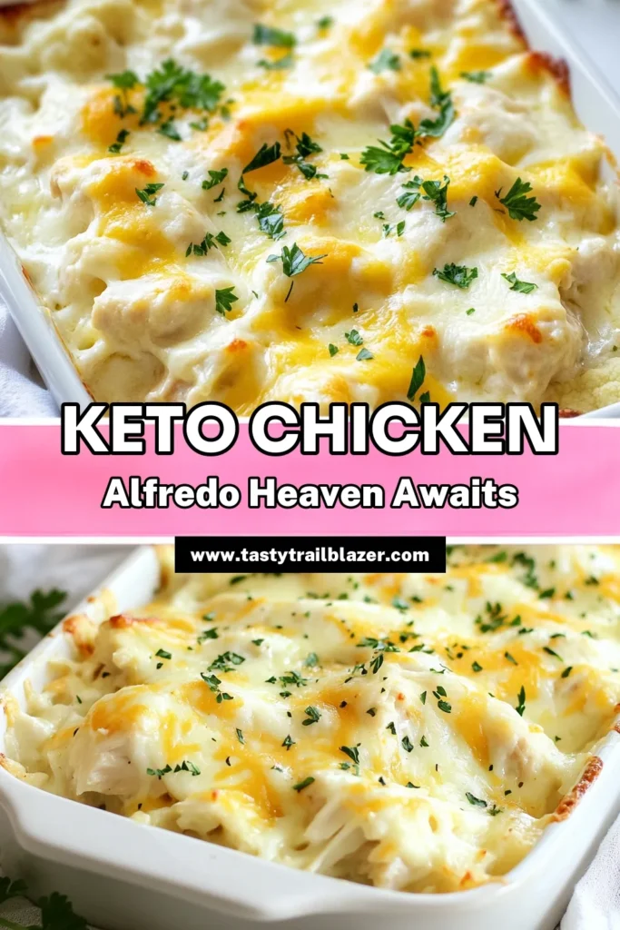 Savor the rich flavors of this Keto Chicken Alfredo Bake, a delicious low-carb chicken bake that's perfect for dinner. This creamy chicken casserole combines shredded chicken and steamed cauliflower, making it a fantastic keto pasta alternative. Enjoy a gluten-free Alfredo recipe that's easy and satisfying. Try it today and transform your weeknight meals! Don't forget to save this recipe for later! #KetoChickenAlfredo #LowCarb #GlutenFree #KetoRecipes