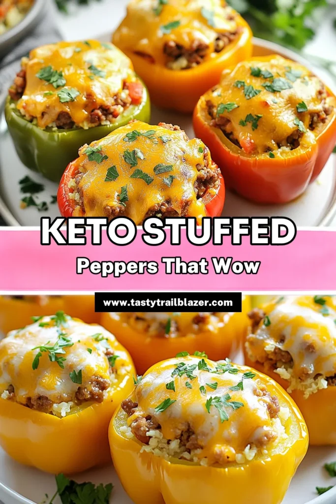 Savor the flavor of Keto Stuffed Peppers! This low carb stuffed peppers recipe combines ground beef, cauliflower rice, and plenty of cheese for a healthy meal that’s perfect for any night. Easy to make and packed with nutrients, these ground beef stuffed peppers are not only delicious but also wholesome. Discover the joy of a healthy bell pepper recipe today! Save this Keto cauliflower rice recipe for your next dinner! #KetoStuffedPeppers #LowCarbStuffedPeppers #HealthyRecipes #CauliflowerRice