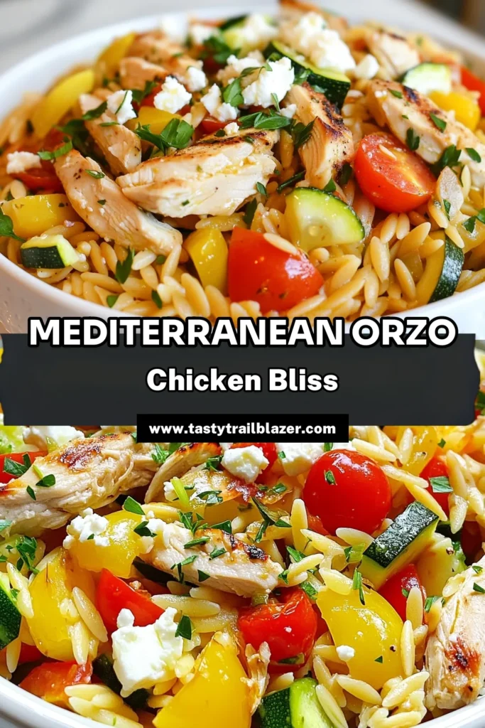 Discover a delicious Mediterranean chicken recipe with this vibrant Mediterranean Chicken Orzo! This flavorful orzo pasta dish combines juicy chicken breasts with fresh veggies and feta, perfect for a healthy Greek chicken dinner. In just 30 minutes, you can create a satisfying meal rich in Mediterranean diet meals. Save this recipe for your next family dinner and enjoy the taste of the Mediterranean! #MediterraneanDiet #HealthyRecipes #GreekDinner #OrzoPasta