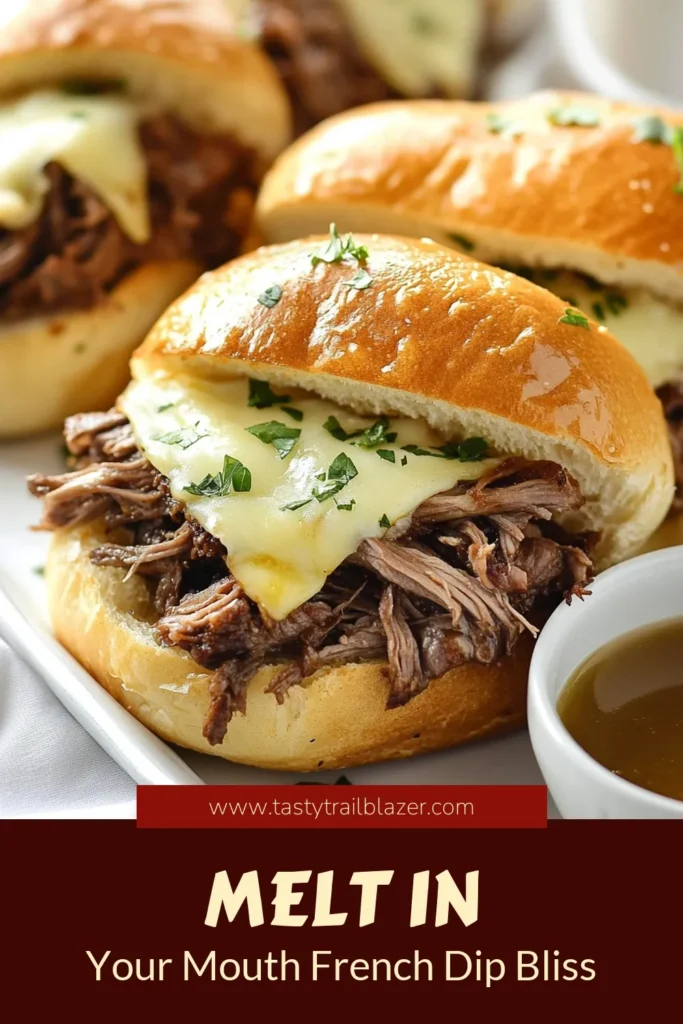 Discover the ultimate slow cooker French dip that will elevate your easy weeknight dinners! This savory beef chuck roast recipe is perfect for satisfying cravings, featuring tender meat paired with an irresistible au jus dipping sauce. Toast your rolls and top them with melted provolone cheese for delicious sandwiches that the whole family will love. Save this recipe for your next meal night! #SlowCookerFrenchDip #SavorySandwichRecipes #BeefChuckRoastRecipe #EasyWeeknightDinners