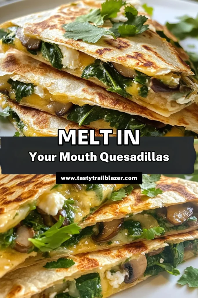 Discover the deliciousness of a Spinach Mushroom Quesadilla that’s perfect for any meal! This vegetarian quesadilla recipe combines fresh spinach, savory mushrooms, and creamy feta cheese for a healthy quesadilla filling your family will love. In just 30 minutes, you can whip up this easy spinach recipe that’s sure to impress. Save this easy recipe for your next meal and enjoy! #SpinachMushroomQuesadilla #VegetarianQuesadilla #HealthyEating #EasySpinachRecipes
