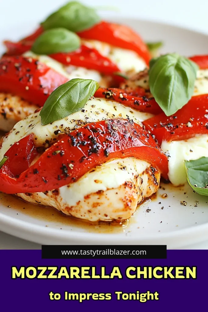 Indulge in this Roasted Red Pepper Mozzarella Chicken, the perfect Italian chicken recipe for an easy chicken dinner. This mozzarella chicken recipe features tender chicken baked with pesto and topped with delicious roasted red peppers and melty mozzarella. Ready in just 40 minutes, it's a family favorite that will wow your taste buds. Save this recipe for your next meal! #RoastedRedPepperChicken #MozzarellaChickenRecipe #EasyChickenDinner #ItalianChickenRecipe
