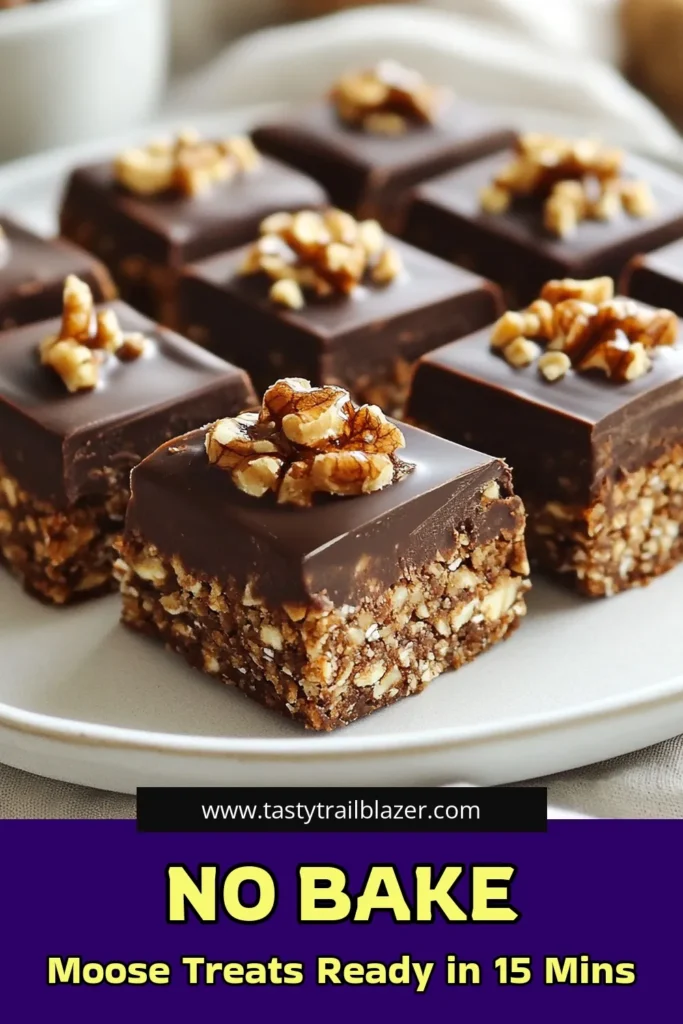 Indulge in these easy no-bake moose treats that are perfect for satisfying your sweet cravings! Made with creamy peanut butter and rolled oats, these peanut butter oat bars are not just tasty but also healthy no-bake desserts. Add some chocolate walnut snacks for a delightful crunch. This easy dessert recipe takes just 15 minutes to prep! Try making these delicious moose treats today and wow your family! #NoBakeTreats #EasyDesserts #HealthySnacks #ChocolateLovers