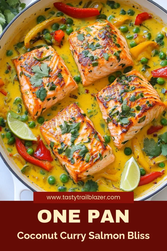 Discover this delicious Coconut Curry Salmon recipe that's both easy and healthy! This one pan salmon recipe combines succulent salmon fillets with vibrant vegetables and a creamy coconut curry sauce, making for a perfect easy salmon dinner. Enjoy the rich flavors of baked salmon with vegetables that everyone will love. Ready in just 40 minutes, it's a go-to for busy weeknights. Don't forget to save for later! #CoconutCurrySalmon #OnePanRecipe #EasyDinner #HealthyEating