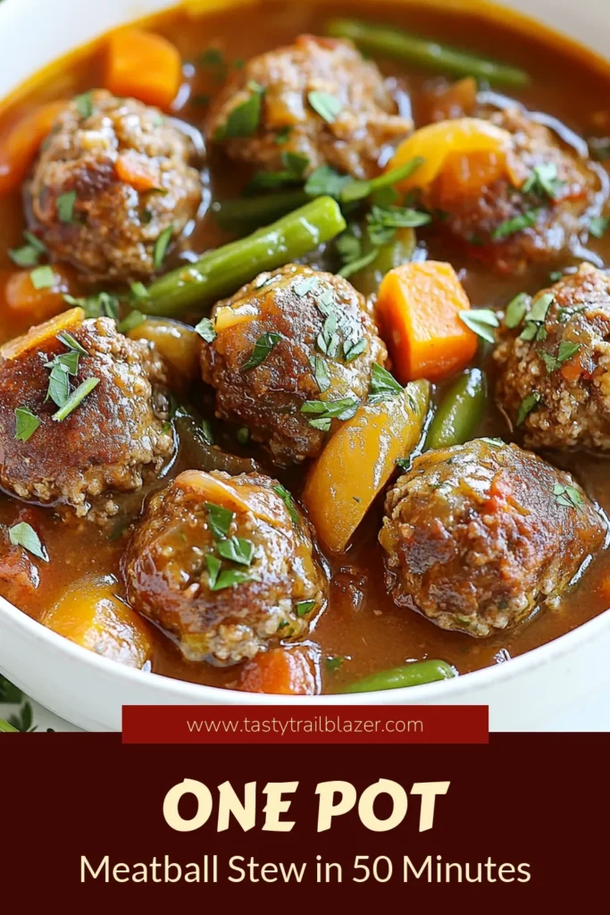 Savor the comfort of this one-pot meatball stew that combines hearty flavors with easy prep. This savory meatball recipe, featuring ground beef and fresh veggies, makes an ideal easy meatball dinner for busy nights. Perfectly seasoned in one pot, this Italian meatball stew will warm your family’s hearts. Don’t miss out—save and try this delicious stew today! #OnePotMeal #MeatballStew #EasyDinner #SavoryRecipes