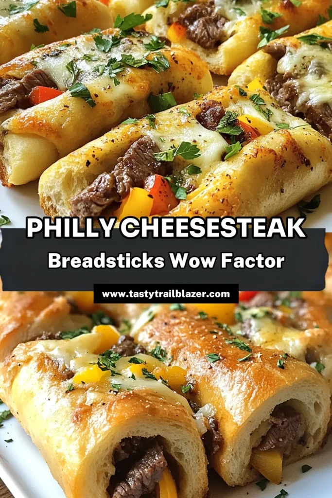 Indulge in these delicious Philly cheesesteak breadsticks, the perfect easy cheesesteak appetizer for your next gathering. Made with tender ribeye steak, peppers, and creamy cheese, this cheesy breadsticks recipe uses baked pizza dough for a delightful twist. Perfect for game nights or parties, these tasty treats are sure to impress! Try this ribeye steak recipe today and take your appetizer game to the next level. Save this recipe now! #PhillyCheesesteak #CheesesteakAppetizer #BakedPizzaDough #EasyRecipes