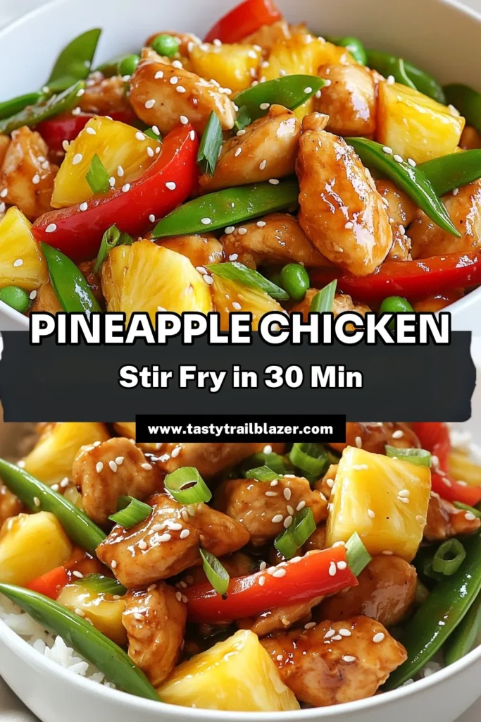 Looking for a delicious and healthy chicken dinner recipe? Try this Tropical Chicken Stir Fry with juicy pineapple! This quick chicken stir fry combines tender chicken, vibrant vegetables, and sweet pineapple, making it an easy stir fry with pineapple that's perfect for busy weeknights. Enjoy a flavorful meal ready in just 30 minutes. Save this Pineapple Chicken Recipe for your next family dinner! #PineappleChicken #TropicalStirFry #HealthyRecipes #QuickDinner