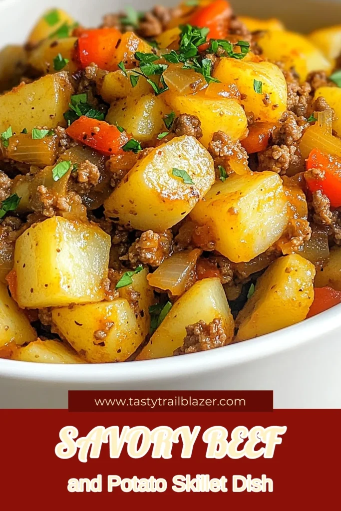 Looking for a delicious ground beef recipe? Try this hearty Ground Beef Potato Skillet Dinner! It’s an easy beef and potato dish that's perfect for busy nights. This flavorful potato casserole combines tender potatoes, seasoned ground beef, and fresh veggies in just one pan. Enjoy a comforting meal in under 35 minutes. Save this recipe for your next family dinner! #GroundBeefRecipes #HeartyDinnerIdeas #EasyBeefAndPotatoDish #OnePanBeefRecipes