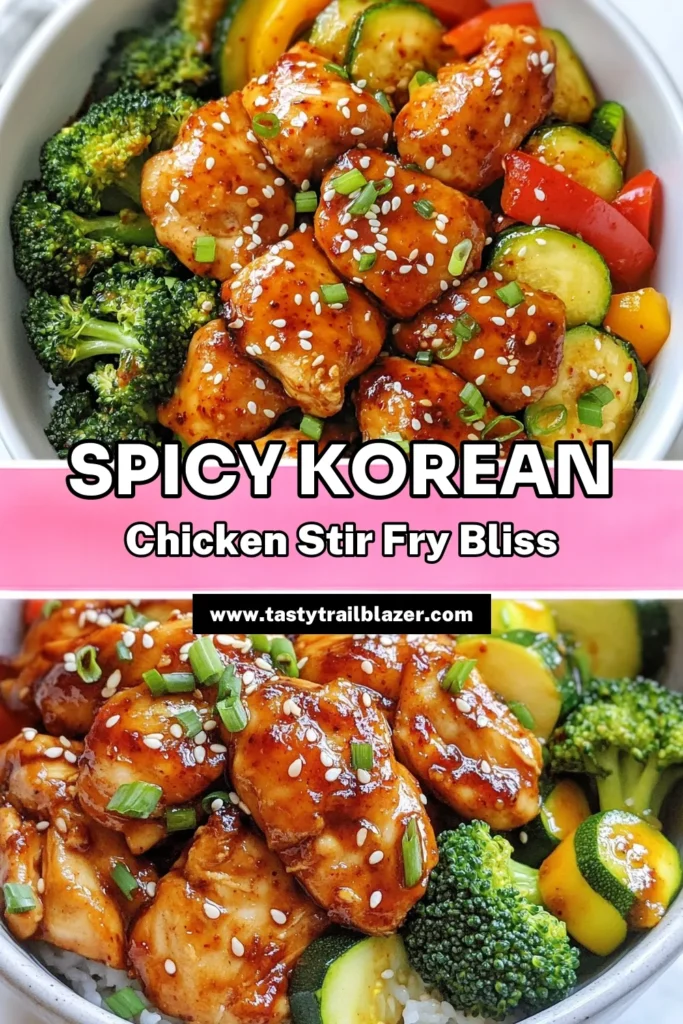 Discover a delicious Korean spicy chicken stir fry that's perfect for busy weeknights! This gochujang chicken recipe combines tender chicken with vibrant vegetables for a quick stir fry recipe everyone will love. It's an easy Korean chicken dish that’s packed with flavor and ready in just one hour. Try this chicken stir fry with vegetables for a satisfying meal that will impress your family and friends. Save this recipe for your next dinner! #KoreanCuisine #QuickRecipes #StirFry #EasyCooking