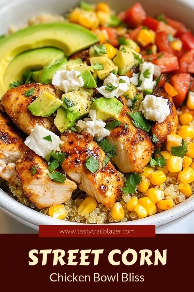 Discover the ultimate flavor-packed street corn chicken bowl! This quinoa chicken bowl recipe combines juicy chicken thighs, charred corn, and fresh avocado for a satisfying and healthy dinner. Perfect for anyone looking for flavorful chicken dishes, this corn and avocado bowl is not just delicious but easy to make. Try it tonight and elevate your dinner game. Save this recipe for later! #HealthyDinnerRecipes #QuinoaChickenBowl #StreetCornChickenBowl #FlavorfulChickenDishes