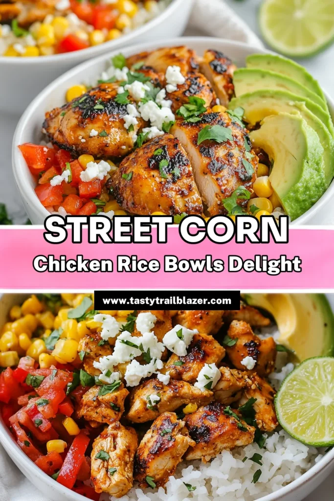 Looking for a delicious and easy chicken rice recipe? Try these Street Corn Chicken Rice Bowls! This healthy Mexican rice bowl is the perfect dish for summer, combining juicy chicken, fresh corn, and vibrant veggies all in one pan. With a prep time of just 15 minutes, it’s an ideal option for busy weeknights. Get cooking and enjoy this flavorful one-pan chicken dinner! Save this recipe now! #StreetCornChickenRiceBowl #EasyChickenRiceRecipe #HealthyMexicanRiceBowl #OnePanChickenDinner