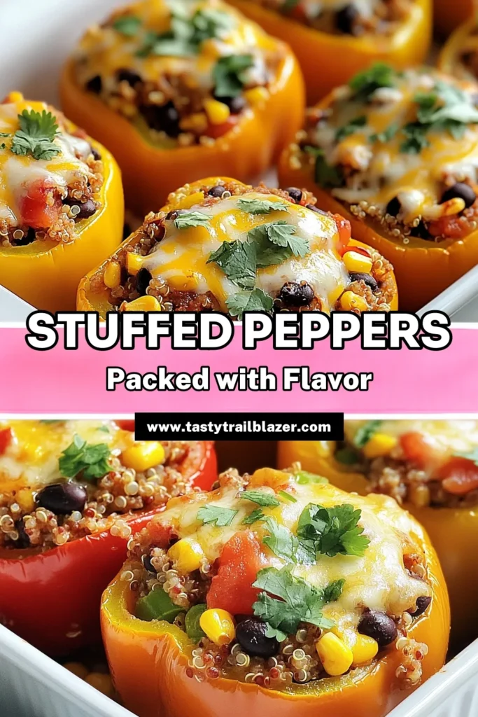 Discover this delicious stuffed peppers recipe featuring ground turkey for a healthy meal that's packed with flavor! These healthy stuffed peppers are filled with quinoa, black beans, corn, and spices, making them a nutritious option for any weeknight dinner. Perfectly baked bell peppers topped with cheese will impress your family and friends. Try these quinoa stuffed peppers today and elevate your ground turkey recipes! Save this recipe for later. #StuffedPeppers #GroundTurkeyRecipes #HealthyStuffedPeppers #BakedBellPeppers