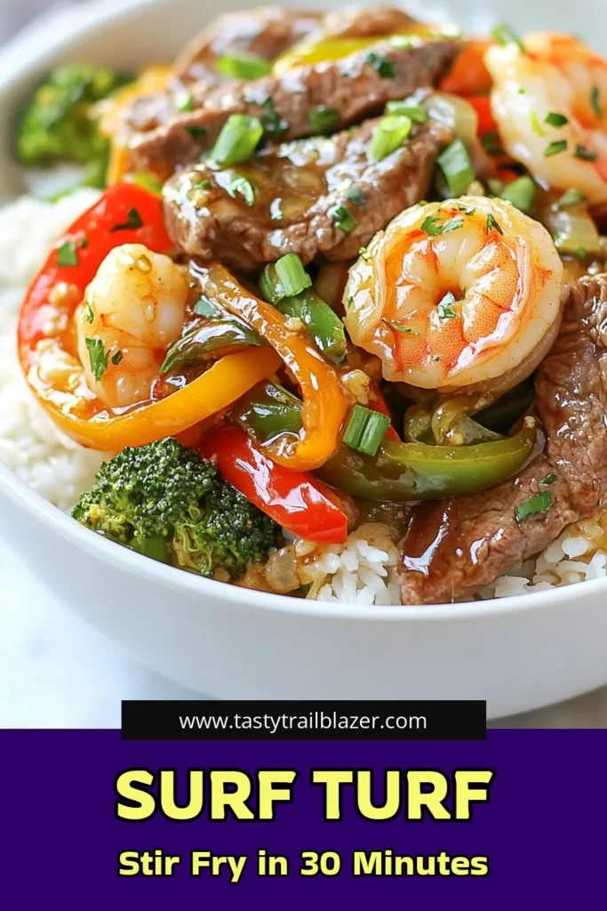 Indulge in this delicious surf and turf stir fry featuring tender shrimp and steak that’s packed with flavor! This quick stir fry recipe is perfect for busy nights and combines succulent shrimp with sliced sirloin, colorful bell pepper stir fry, and crunchy broccoli. Easy to make and so satisfying, it pairs wonderfully with rice or noodles. Try this easy seafood and meat stir fry tonight and elevate your dinner game! Don't forget to save this recipe! #SurfAndTurf #StirFry #EasyRecipes #SeafoodAndMeat