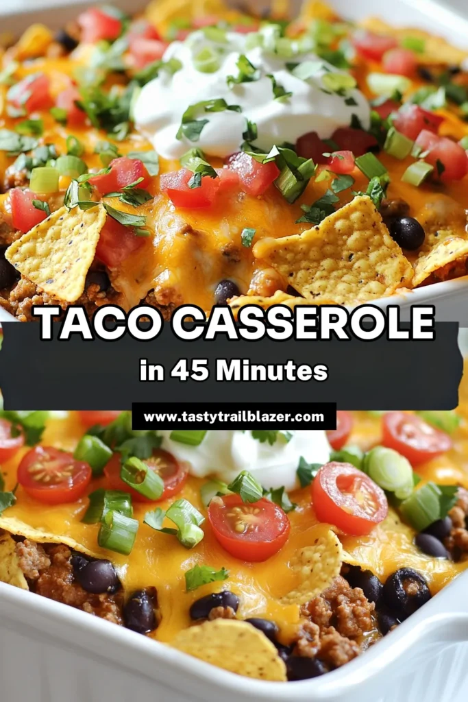 Looking for a quick and delicious meal? Try this easy taco casserole recipe! Packed with flavor, this ground beef casserole is perfect for busy weeknights. With layers of tortilla chips, cheesy goodness, and savory ingredients, it’s the ultimate cheesy taco casserole. Enjoy this one-dish taco dinner that will please the whole family. Check out the full recipe for your next easy taco bake! #TacoCasserole #EasyDinner #CasseroleRecipes #TacoNight