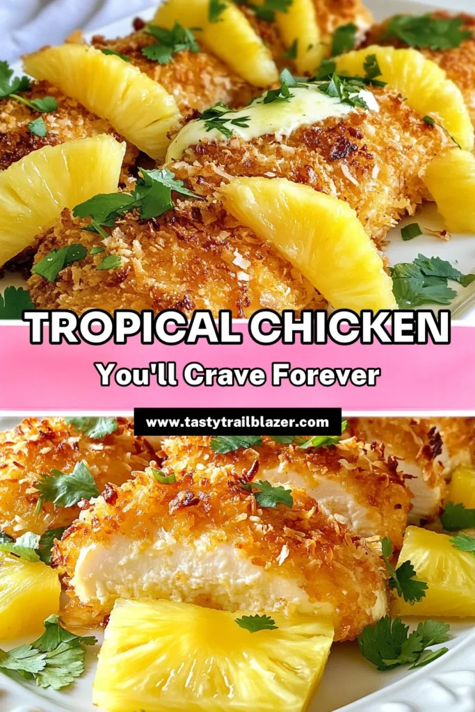 Savor the tropical flavors of this Malibu chicken recipe that's perfect for a delightful dinner. This coconut panko chicken is easy to make and combines juicy chicken breasts with a crispy coating and sweet pineapple bake. It's a must-try for anyone looking for a festive twist on traditional chicken dishes. Prepare this tropical chicken dinner for a weeknight meal or family gathering! Save this easy chicken recipe now! #MalibuChicken #TropicalDinner #CoconutPanko #EasyChickenRecipes