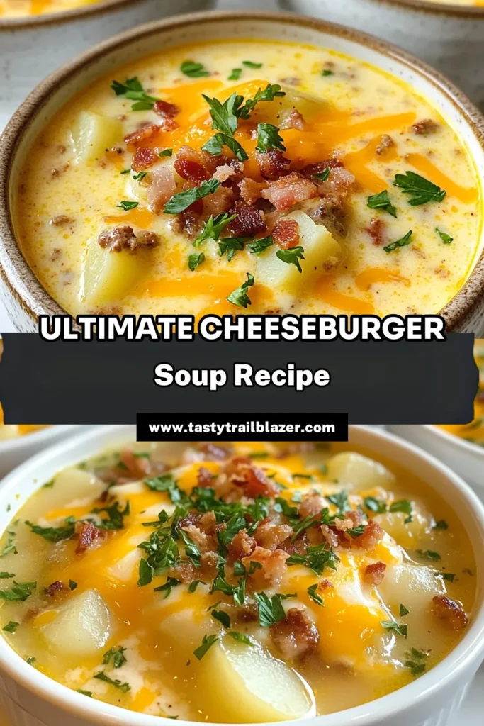 Looking for a delicious comfort food soup recipe? Try this easy cheeseburger soup recipe, packed with flavors and creamy goodness. Made with ground beef, potatoes, and topped with cheddar cheese, this creamy cheeseburger soup is perfect for cozy nights. Don't miss out on this hearty ground beef soup that's ready in just 40 minutes! Save this recipe for your next family dinner. #CheeseburgerSoup #ComfortFood #GroundBeefRecipe #SoupRecipe