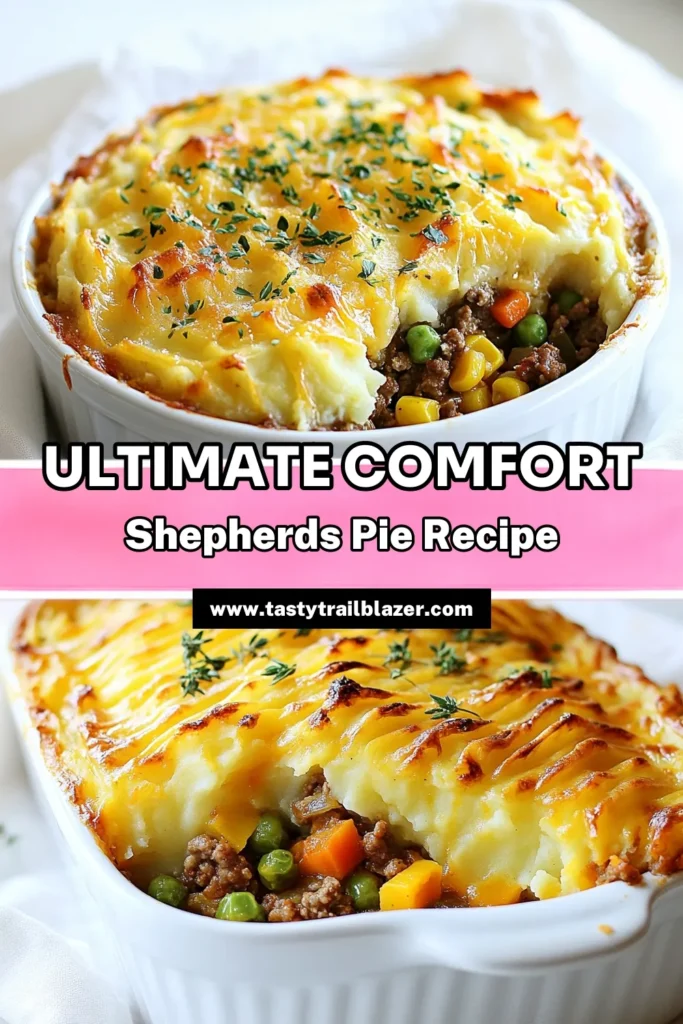 Discover this Easy Shepherd's Pie recipe that brings delicious comfort food to your table! This Ground beef shepherd's pie is packed with flavor and topped with creamy mashed potatoes for a satisfying meal. Perfect for family dinners or gatherings, homemade shepherd's pie is a classic favorite. Try this simple recipe today and enjoy the warmth of homemade goodness! Save this recipe for later. #ShepherdsPie #ComfortFoodRecipes #EasyShepherdsPie #HomemadeShepherdsPie