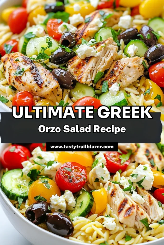 Discover the perfect Greek orzo salad recipe that combines flavorful grilled chicken and fresh Mediterranean ingredients. This healthy orzo salad features orzo pasta salad with feta, cherry tomatoes, cucumber, and black olives, creating a vibrant dish that's ideal for any meal. Enjoy a delicious and nutritious grilled chicken orzo salad that’s easy to make and packed with flavor. Save this recipe for your next gathering! #GreekOrzoSalad #OrzoPastaSaladWithFeta #HealthyOrzoSalad #MediterraneanOrzoSalad