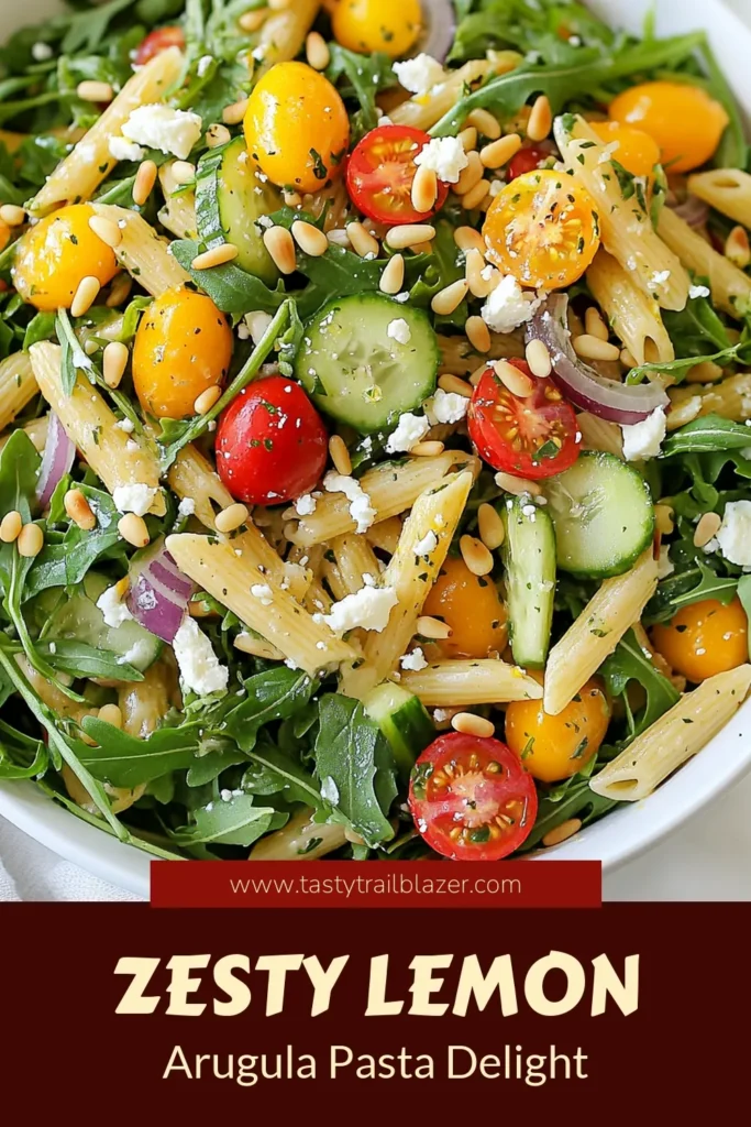 Discover the vibrant flavors of this zesty lemon pasta salad featuring a delicious arugula pasta salad recipe. Made with whole wheat penne and topped with fresh feta, this healthy pasta salad with feta is perfect for any occasion. The delightful lemon dressing pasta salad is a refreshing choice that's quick to prepare. Try it today and elevate your meal with this nutritious dish! Save this recipe for your next gathering! #PastaSalad #HealthyEating #RecipeIdeas #FreshIngredients