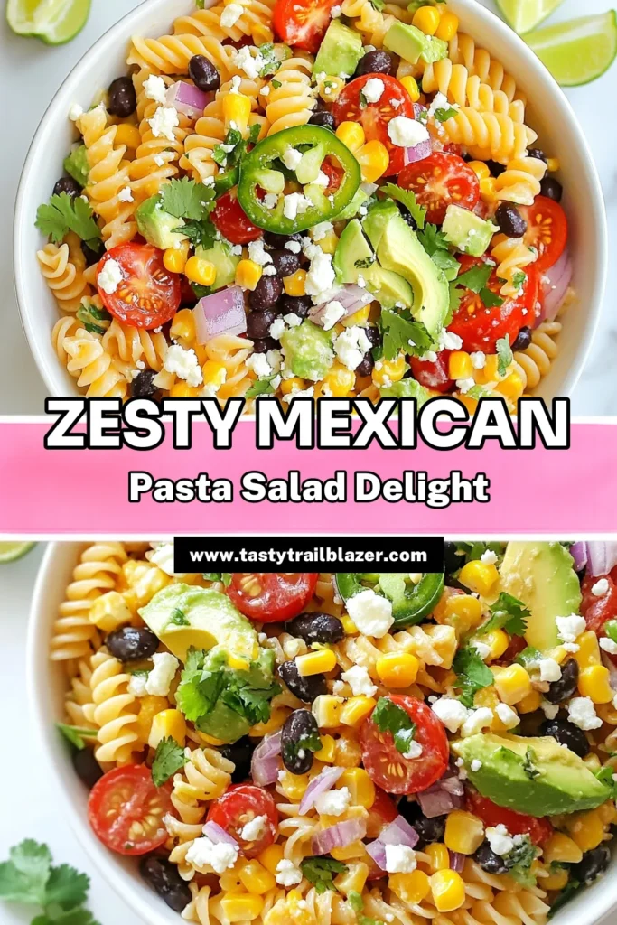 Discover the vibrant flavors of our Mexican Pasta Salad, the ultimate fiesta pasta salad recipe perfect for summer gatherings! This healthy pasta salad combines fusilli pasta, black beans, corn, fresh veggies, and a zesty lime dressing. It's not just delicious; it's quick to make and sure to impress! Enjoy it as a refreshing side dish or a light meal. Save this healthy black bean pasta salad recipe for your next BBQ! #MexicanPastaSalad #SummerSalad #HealthyEating #PastaRecipe