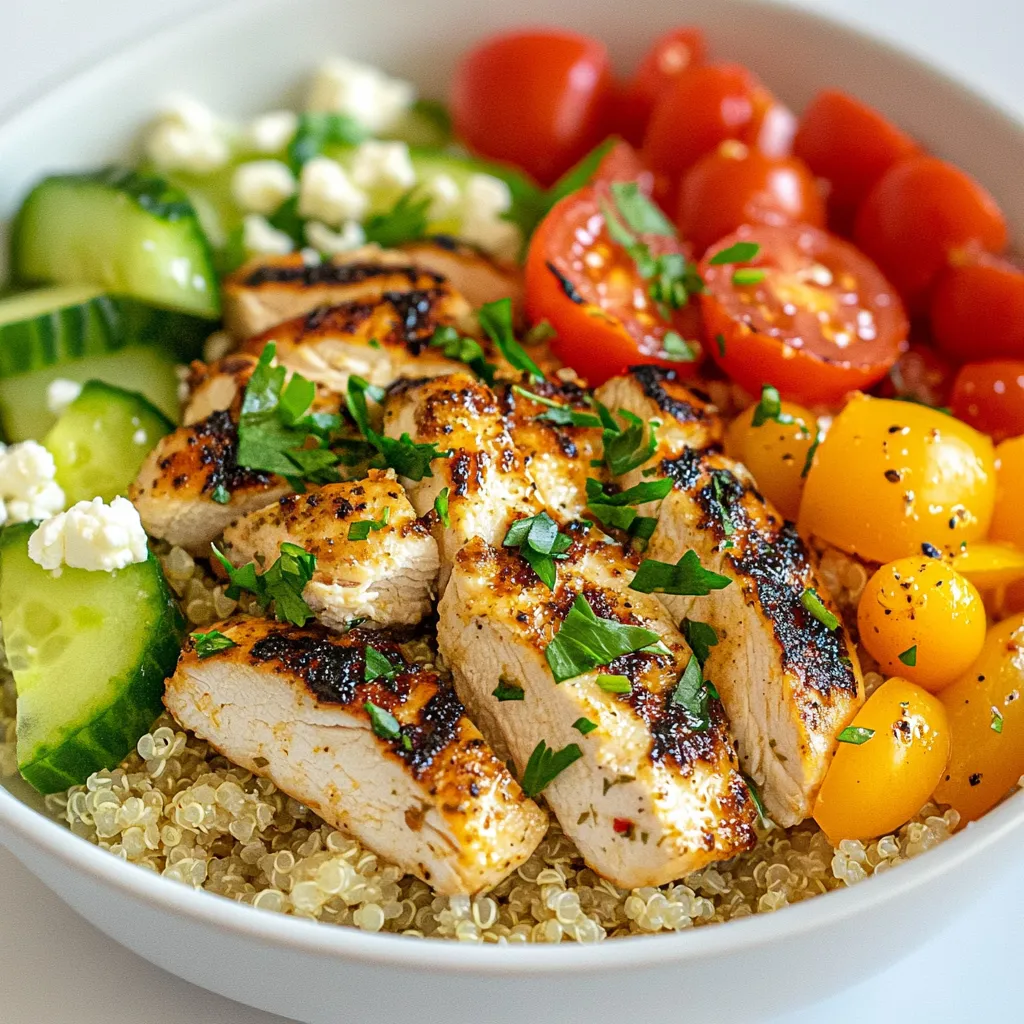 - 1 cup quinoa, rinsed - 2 cups vegetable broth - 2 chicken breasts, boneless and skinless - 2 tablespoons olive oil - 2 tablespoons freshly squeezed lemon juice - 1 tablespoon lemon zest - 1 teaspoon dried oregano - 1 teaspoon dried thyme - Salt and pepper, to taste - 1 cup cherry tomatoes, halved - 1 cucumber, diced - 1 bell pepper, diced (red or yellow for color) - 1/4 cup fresh parsley, chopped - Crumbled feta cheese for topping - For a vegan option, swap chicken for tofu or chickpeas. - Use quinoa or brown rice for a gluten-free base. - If you're low on sodium, choose low-sodium vegetable broth. {{ingredient_image_1}} To start, I bring 2 cups of vegetable broth to a boil in a medium saucepan. Once it bubbles, I add 1 cup of rinsed quinoa. I lower the heat to let it simmer. I cover it and wait about 15 minutes. The quinoa is ready when it is fluffy and all the broth is absorbed. After cooking, I let it sit covered for 5 minutes. Finally, I fluff it with a fork. Next, I make a simple marinade. In a small bowl, I mix 2 tablespoons of olive oil, 2 tablespoons of lemon juice, and 1 tablespoon of lemon zest. Then, I add 1 teaspoon each of dried oregano and thyme, plus salt and pepper to taste. I place 2 boneless, skinless chicken breasts in a zip-lock bag. I pour the marinade over the chicken and seal the bag. I let it marinate for at least 30 minutes. For more flavor, I often marinate it for 2 hours in the fridge. I heat a non-stick skillet over medium heat. Once hot, I add the marinated chicken breasts. I cook them for about 6 to 7 minutes on each side. I look for nice grill marks and ensure they are cooked through. After cooking, I remove the chicken from the heat. I let it rest for a couple of minutes before slicing. While the chicken cooks, I chop my veggies. I halve 1 cup of cherry tomatoes, dice 1 cucumber, and chop 1 bell pepper. I usually pick red or yellow for a pop of color. I set the chopped veggies aside for later. Now, it's time to build the bowl! I take a large bowl or plate and add a base of quinoa. On top, I layer the sliced chicken, the chopped vegetables, and some fresh parsley. For extra flavor, I often crumble feta cheese on top. To finish, I drizzle any remaining marinade over the bowl. This adds brightness and flavor. I serve the bowl warm or at room temperature. You can also customize it with other veggies like roasted chickpeas or avocado slices. If you like it spicy, throw in some sliced jalapeños! To cook quinoa well, start by rinsing it. Rinsing removes bitter saponins. Use two cups of vegetable broth for one cup of quinoa. This adds rich flavor. Bring the broth to a boil before adding the quinoa. Then, reduce the heat and cover it. Let it simmer for about 15 minutes. After that, let it sit for 5 minutes. Fluff it with a fork for a light texture. This will help each grain stay separate. Marinating chicken makes it juicy and full of flavor. In a bowl, mix olive oil, lemon juice, lemon zest, oregano, thyme, salt, and pepper. This blend is fresh and zesty. Place your chicken breasts in a zip-lock bag. Pour the marinade over the chicken. Seal the bag and shake gently. Let it sit for at least 30 minutes. You can also refrigerate it for up to 2 hours for more flavor. This step is key for a tasty chicken. You can customize your Lemon Herb Quinoa Chicken Bowl easily. Try adding roasted chickpeas for crunch. Avocado slices bring creaminess. For spice, add sliced jalapeños. Fresh herbs like cilantro or basil can brighten the dish. You can also sprinkle some crumbled feta cheese on top. It adds a salty kick that pairs well with the lemon. These add-ons make your meal even more delicious and fun. Pro Tips Marination Time: For maximum flavor, marinate the chicken for at least 2 hours, or even overnight if you have the time. Vegetable Variations: Feel free to add or substitute any seasonal vegetables you love, such as zucchini or spinach, to keep the dish fresh. Leftover Quinoa: This dish is perfect for meal prep! Use any leftover quinoa in salads or as a side dish throughout the week. Serving Suggestions: For a heartier meal, serve with a side of whole grain bread or pita to soak up any extra marinade. {{image_2}} You can easily make a vegetarian version of the Lemon Herb Quinoa Chicken Bowl. Swap out the chicken for chickpeas or tofu. Both add protein and texture. Use the same marinade with chickpeas or toss tofu in olive oil, lemon juice, and herbs. This keeps the dish flavorful and fresh. This bowl is already gluten-free since quinoa is a gluten-free grain. If you want to change the base, use brown rice or cauliflower rice. Both options work well and keep the dish light. Just ensure any added sauces or toppings are also gluten-free. Seasonal veggies add color and taste. In summer, try zucchini or bell peppers. In fall, use roasted sweet potatoes or squash. You can mix in leafy greens like spinach or kale for extra nutrition. These swaps keep your bowl exciting all year round. Store your Lemon Herb Quinoa Chicken Bowl in an airtight container. This keeps it fresh and tasty. Place it in the fridge within two hours of cooking. You can enjoy it cold or reheat it later. It will stay good for about three days. To reheat, use a microwave or a skillet. If using a microwave, heat on medium for about two minutes. Stir halfway through to warm evenly. For a skillet, warm on low heat. Add a splash of broth or water to keep it moist. Stir occasionally until it is hot. You can freeze this dish for later. Use a freezer-safe container and portion it out. Make sure to leave some space at the top for expansion. It can last for up to three months. To eat, thaw it in the fridge overnight before reheating. Yes, you can make this bowl ahead of time. Prepare the quinoa and chicken in advance. Store them separately in airtight containers. Add the fresh veggies just before serving. This keeps them crisp and colorful. If you need a substitute for quinoa, try brown rice or couscous. Both options cook well and add a nice texture. For a low-carb choice, cauliflower rice works too. Just remember to adjust cooking times based on your choice. To add spice, toss in sliced jalapeños or a pinch of red pepper flakes. You can also use a spicy marinade or sauce. Just adjust the amount to fit your heat level. Absolutely! Grilling the chicken adds a great smoky flavor. Preheat your grill and cook the marinated chicken for about 6-7 minutes on each side. Make sure it’s cooked through and has nice grill marks. Leftovers will last for about 3-4 days in the fridge. Store them in an airtight container to keep the flavors fresh. Reheat gently in the microwave or enjoy cold for a quick meal. This article shared easy steps to make a Lemon Herb Quinoa Chicken Bowl. I covered ingredients you can use, cooking tips, and variations to fit your diet. You learned how to cook quinoa and marinate chicken for the best taste. Remember, this dish allows for swaps and add-ons to suit your needs. Keep these tips in mind as you create your bowl. Enjoy trying out the recipe with friends and family, and don’t forget to make it your own!