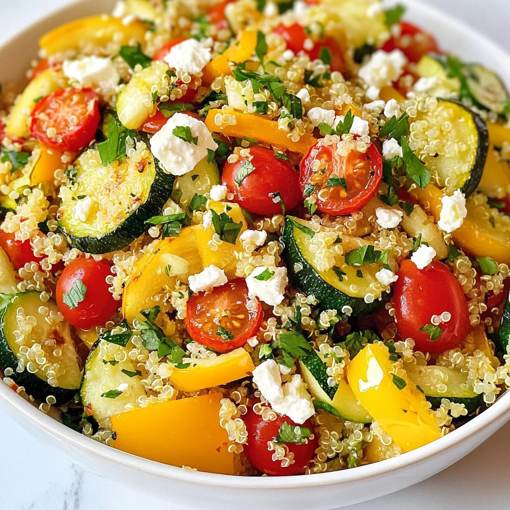 - 1 cup quinoa, rinsed - 2 cups vegetable broth or water - 1 red bell pepper, chopped - 1 zucchini, diced - 1 yellow squash, diced - 1 red onion, cut into wedges - 2 cups cherry tomatoes, halved - 1/4 cup fresh parsley, chopped - 1/4 cup feta cheese (optional) - Juice of 1 lemon Quinoa is the star of this salad. It cooks up light and fluffy. I always rinse it to remove any bitter taste. The vegetable broth adds a nice depth of flavor. Use fresh veggies for the best taste. I love the bright colors of bell pepper, zucchini, and squash. They not only look good but also taste great. Cherry tomatoes add sweetness and juicy bites. If you want a creamy touch, add feta cheese. It gives the salad a nice tang. Fresh parsley brings brightness and a pop of color. - 3 tablespoons olive oil - 1 teaspoon garlic powder - 1 teaspoon smoked paprika - Salt and pepper to taste Olive oil helps the veggies roast well. It enhances the flavors and adds richness. Garlic powder gives a warm, savory taste. Smoked paprika adds a hint of smokiness. Season with salt and pepper. This basic seasoning makes every bite tasty. You can adjust it based on your taste. Roasted Veggie Quinoa Salad is healthy and satisfying. It is full of fiber and protein, which helps keep you full. Each serving has about 300 calories, depending on added ingredients. Quinoa is a complete protein. It provides all nine essential amino acids. The veggies add vitamins and minerals. This salad is a great option for a nutritious lunch or dinner. It is simple to make and packed with flavor. Enjoy the health benefits while savoring every bite! {{ingredient_image_1}} To cook quinoa perfectly, start by rinsing it well. This step removes any bitter taste. Next, in a medium pot, bring 2 cups of vegetable broth or water to a boil. Once boiling, add 1 cup of quinoa. Lower the heat to a simmer and cover the pot. Cook for about 15 minutes or until all the liquid is absorbed. After cooking, fluff the quinoa with a fork. This helps separate the grains and gives it a light texture. For fluffiness, avoid stirring the quinoa while it cooks. Let it sit covered for 5 minutes after cooking. This resting time helps the grains expand and become fluffy. Preparing the veggies is easy. Start by chopping the red bell pepper, zucchini, yellow squash, and red onion. Halve the cherry tomatoes. Place all these veggies on a large baking sheet. Drizzle 3 tablespoons of olive oil over the vegetables. Then sprinkle with 1 teaspoon of garlic powder, 1 teaspoon of smoked paprika, salt, and pepper. Toss the veggies well to coat them evenly. For optimal roasting, preheat your oven to 400°F (200°C). Roast the veggies for 20-25 minutes. Stir them halfway through to ensure even cooking. They should turn tender and caramelized. In a large bowl, combine the cooked quinoa with the roasted vegetables. Mix gently to keep the quinoa fluffy. Now, add a squeeze of fresh lemon juice over the mixture. This adds brightness and flavor. Toss in 1/4 cup of chopped parsley for freshness. If you like, sprinkle 1/4 cup of feta cheese on top for a creamy touch. Taste the salad and adjust seasoning. Add more salt, pepper, or lemon juice if needed. Your Roasted Veggie Quinoa Salad is now ready to enjoy! To ensure even roasting, cut your veggies into similar sizes. This helps them cook at the same rate. I suggest stirring them halfway through roasting. This way, they brown nicely on all sides. If you notice some veggies are cooking faster, remove them early. For example, cherry tomatoes roast quickly. Adjust cooking times based on your oven and the size of your cuts. You can customize flavor profiles easily. Try adding herbs like thyme or rosemary for a fresh taste. For a spicy kick, mix in some red pepper flakes. Balancing acidity with lemon juice is key. It brightens the dish and enhances all flavors. If you want more zing, add extra lemon juice to taste. When serving, use a large salad bowl to show off the colors. This makes the dish more inviting. For garnishing, sprinkle extra parsley on top for a fresh look. You can also add lemon wedges on the side. They give a nice touch and let guests add more juice if they like. Pro Tips Use Fresh Ingredients: Whenever possible, opt for fresh, seasonal vegetables to enhance the flavor and nutritional value of your salad. Customize Your Veggies: Feel free to mix and match vegetables based on your preferences or what you have on hand. Root vegetables, like carrots or sweet potatoes, can add a different texture and taste. Perfectly Cooked Quinoa: Rinsing quinoa before cooking removes its natural coating, called saponin, which can give it a bitter taste. Make sure to fluff it with a fork after cooking for the best texture. Add Some Crunch: Consider adding nuts or seeds, such as almonds or sunflower seeds, for an extra crunch and a boost of healthy fats. {{image_2}} You can change up the veggies in this salad. Try adding broccoli, carrots, or cauliflower. These add great color and taste. If you don’t have quinoa, use farro or rice instead. For dressing, swap olive oil with avocado oil for a different flavor. This salad is easy to make vegan. Just leave out the feta cheese. For vegetarians, the cheese adds creaminess. If you're gluten-free, quinoa is already a safe choice. Just avoid any grains that contain gluten. Want some crunch? Add nuts like almonds or walnuts. Seeds like pumpkin or sunflower seeds work too. For extra flavor, try fresh herbs like basil or cilantro. They can brighten up the dish and add freshness. To keep your roasted veggie quinoa salad fresh, store it in the fridge. Place leftovers in an airtight container. This helps prevent the salad from drying out. You want the flavors to stay bright and tasty. Use a glass container for best results. It allows you to see what's inside and avoids staining. If you have more salad than you can eat, freezing is an option. Scoop servings into freezer-safe bags. Remove as much air as possible before sealing. This helps keep the salad fresh for longer. When you're ready to eat, thaw it in the fridge overnight. Reheat gently in the microwave or a pan. The quinoa may lose some texture but will still taste great. The shelf life of the salad varies. In the fridge, it stays good for about 3 to 5 days. If frozen, it can last for up to 3 months. Leftovers can be fun! You can mix the salad with eggs for a tasty breakfast. Add it to a wrap with some protein for lunch. It also pairs well with grilled chicken or fish for dinner. Toss in some fresh greens for a crunchy side. These ideas make your meals exciting and reduce waste. Enjoy your flavorful creations! To make quinoa fluffy, rinse it well before cooking. This step removes the saponins, which can taste bitter. Use a pot with a tight lid. Once the quinoa cooks, let it sit covered for 5 minutes. Then, fluff it with a fork. Avoid stirring too much while it cooks, as that can make it gummy. Common mistakes to avoid: - Not rinsing the quinoa. - Using too much water. - Not letting it rest after cooking. Yes, you can use other grains in this salad. Good options include farro, barley, or brown rice. Each grain brings its own texture and flavor. Try using bulgur for a quick-cooking alternative. Exploring alternatives for texture: - Quinoa: light and fluffy. - Farro: chewy and nutty. - Brown rice: hearty and filling. Absolutely! This salad is great for meal prep. You can cook quinoa and roast veggies ahead of time. Store them separately in the fridge. When ready to eat, mix them together. Tips for preparing in advance and storing: - Keep the dressing separate until serving. - Use airtight containers for storage. - It will last about 3 to 4 days in the fridge. This blog post explores how to make a delicious quinoa salad. We covered the main ingredients, oils, and spices that enhance flavor. You learned essential steps for cooking quinoa and roasting vegetables. I shared tips for perfect seasoning and presentation. We also discussed different variations and storage info for leftovers. Overall, quinoa salad is a healthy and flexible dish. It’s easy to prepare, nutritious, and great for meal prep. Enjoy creating your own version!